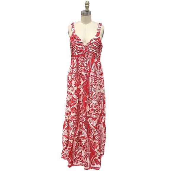 She + Sky Dress Womens Large Red White Floral Maxi Smocked Tank Boho SY8152 - Picture 1 of 10